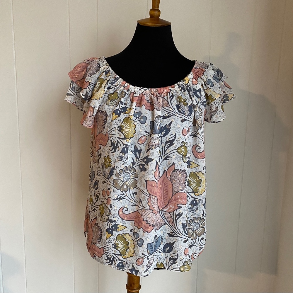 LOFT Women’s Floral Boho Metallic Floral Pastels top with Ruffled Sleeves | S